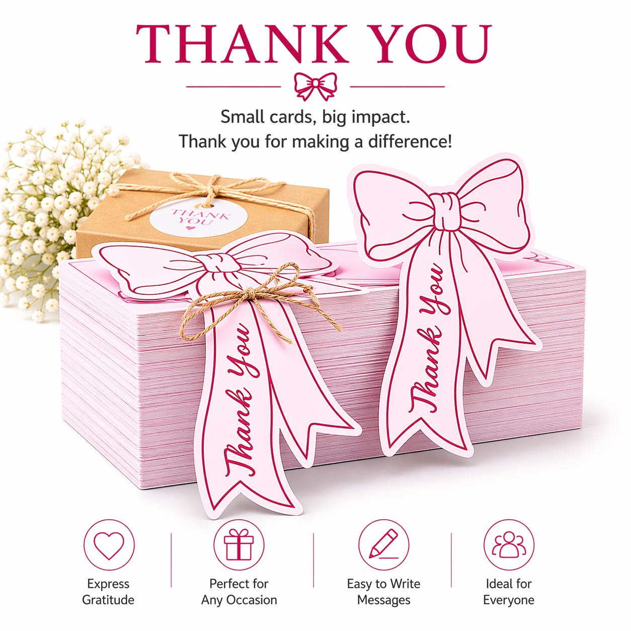 Pink Bow Tie Thank You Cards – 100 Pack Premium Appreciation Tags