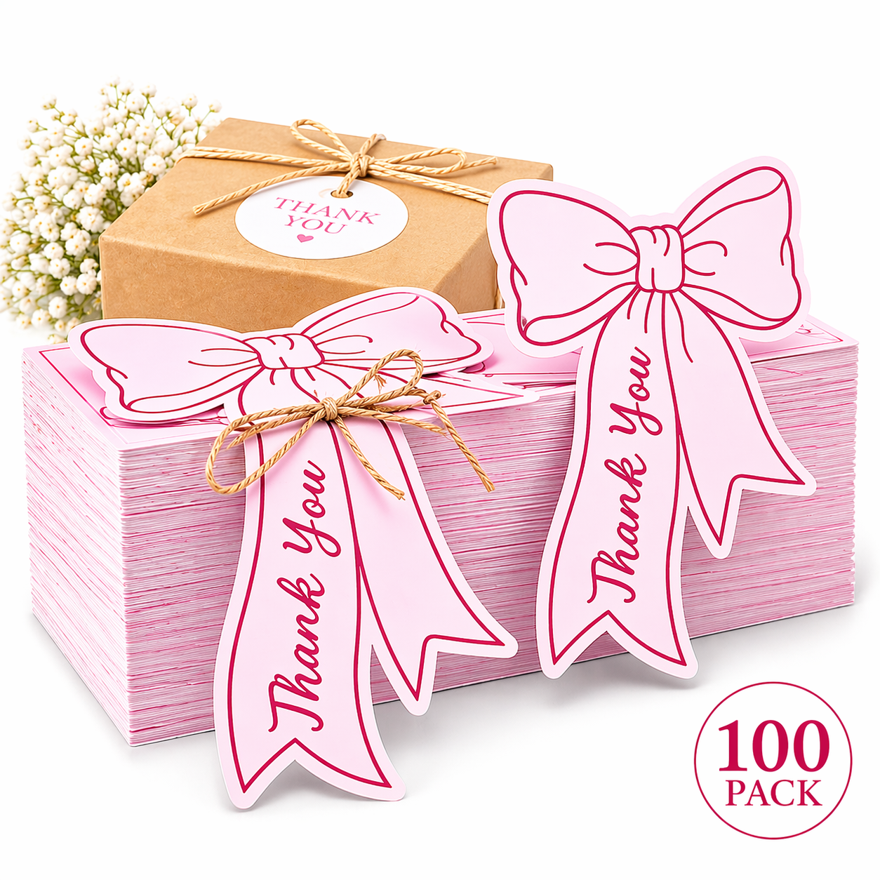 Pink Bow Tie Thank You Cards – 100 Pack Premium Appreciation Tags
