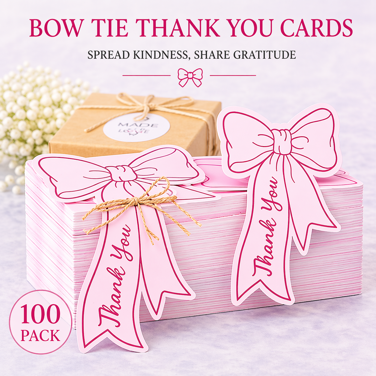 Pink Bow Tie Thank You Cards – 100 Pack Premium Appreciation Tags