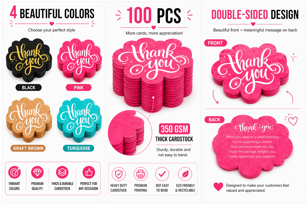 Pink Thank You Cards -100 Pack  With Pre Written Message